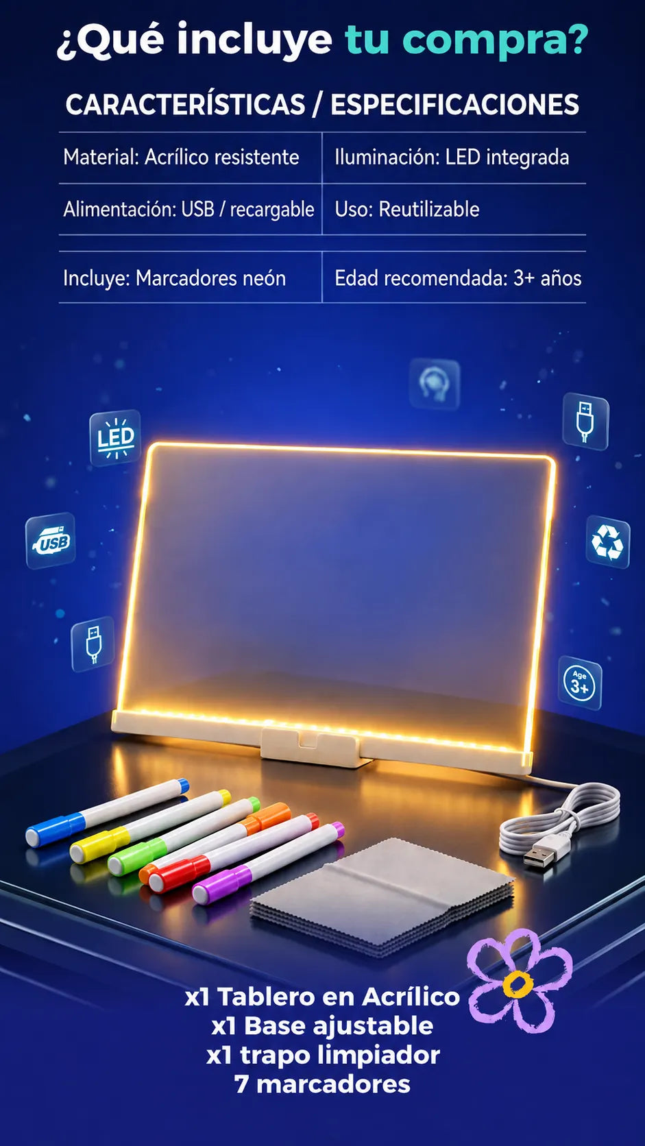 Qué incluye tu compra: tablero, base, trapo y 7 marcadores